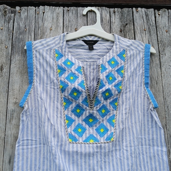 J.crew Stripe Embroidered Suburst Popover Sleeveless Blouse Top Womens Sz 4 - Picture 2 of 5
